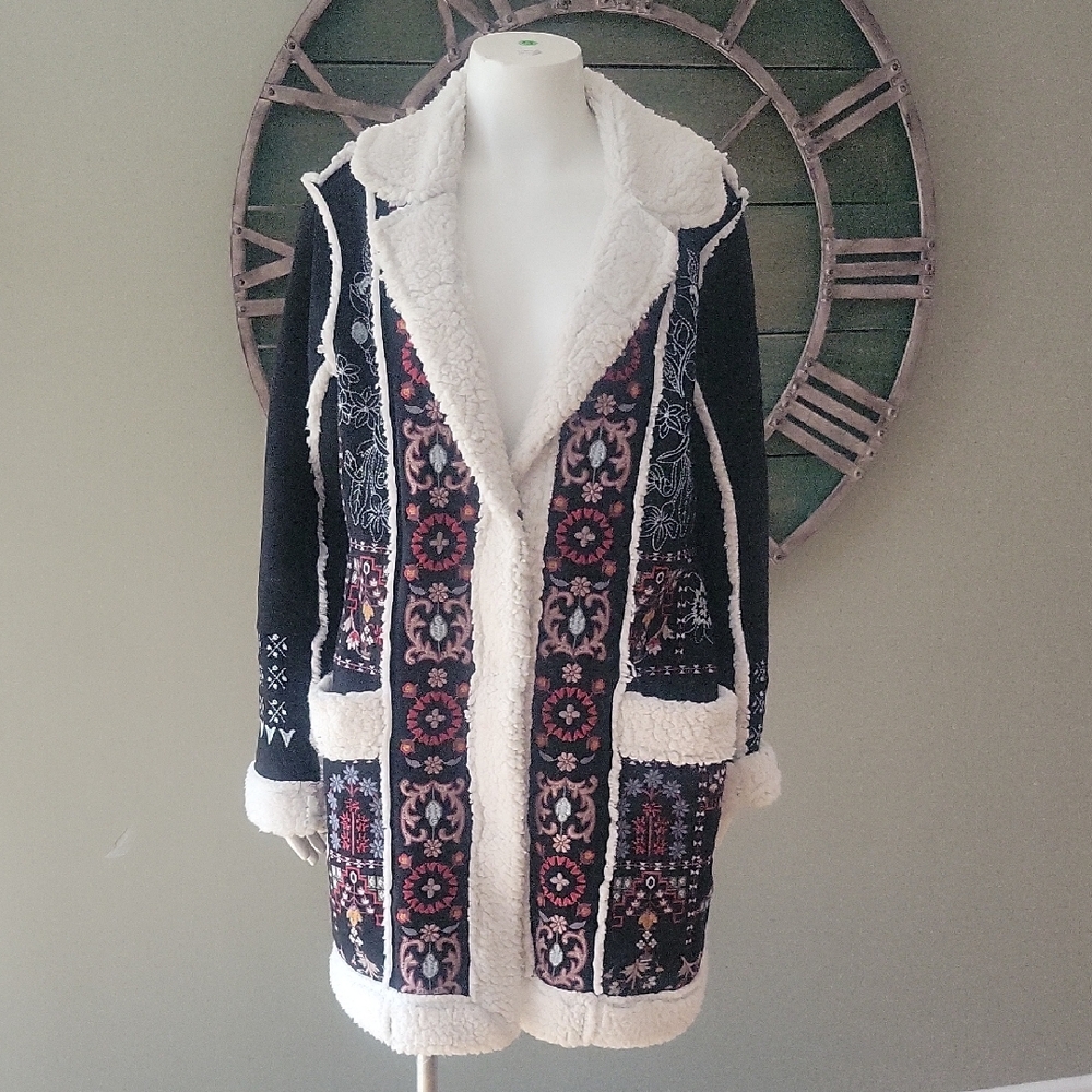 Johnny Was Lori Faux Suede Shearling Trim Embroidered Jacket